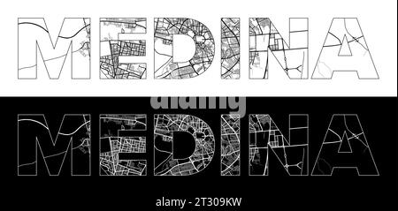 Medina City Name (Saudi-Arabien, Asien) mit schwarzweißem Stadtplan Illustrationsvektor Stock Vektor