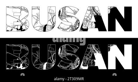 Busan City Name (Südkorea, Asien) mit schwarzweißem Stadtplan Illustrationsvektor Stock Vektor
