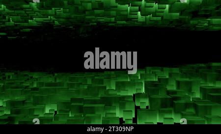 Schwarzer Hintergrund mit grünen und violetten Wänden. Design. Ein sich nach innen bewegender Tunnel in Abstraktion. Stockfoto