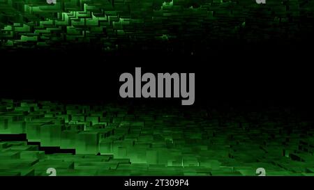 Schwarzer Hintergrund mit grünen und violetten Wänden. Design. Ein sich nach innen bewegender Tunnel in Abstraktion. Stockfoto