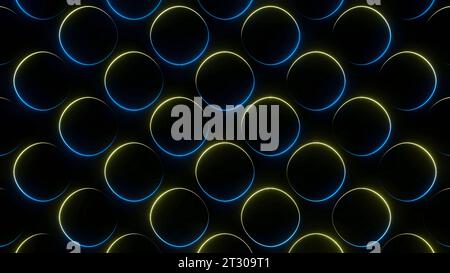 Hintergrund flimmernder Neonringe auf schwarzem Hintergrund. Design. 3D-Volumeneffekt mit beweglichem Glitzer farbenfroher Ringe. Bunte Ringe schimmern und Stockfoto