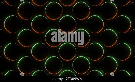 Hintergrund flimmernder Neonringe auf schwarzem Hintergrund. Design. 3D-Volumeneffekt mit beweglichem Glitzer farbenfroher Ringe. Bunte Ringe schimmern und Stockfoto