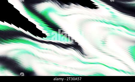 Bewegter Hintergrund mit einem Strom von Computerkräuseln. Bewegung. Bunte Flüssigkeitswelligkeit auf schwarzem Hintergrund. Glitcheffekt schnell bewegter Flüssigkeit Stockfoto