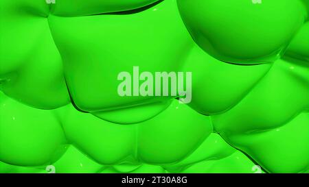 Violette und grüne Blasen. Design. Kleine, dichte Flüssigkeitsblasen in Zeichentrickanimation, die sich bewegen. Stockfoto
