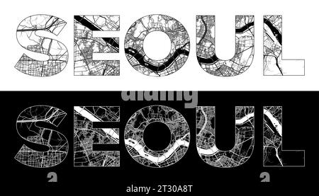 Seoul City Name (Südkorea, Asien) mit schwarzweißem Stadtplan Illustrationsvektor Stock Vektor