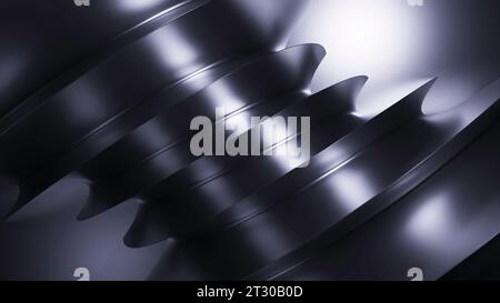 3D-Hintergrund mit beweglicher Metallspirale. Design. Flüssiges Metall bewegt sich in 3D-Spirale mit Falten. Die gefaltete Spirale bewegt sich von der metallischen Flüssigkeitsstruktur Stockfoto