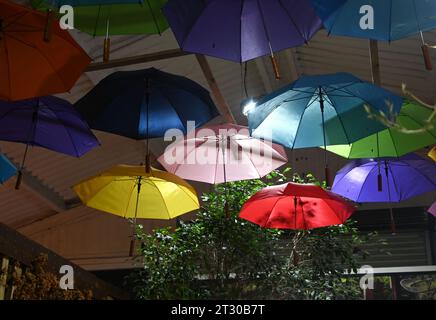 Sonnenschirme an der Decke des Cafés Stockfoto