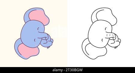 Clipart isoliert Baby Elefant, mehrfarbig und schwarz und weiß. Niedliches Zeichentricktier. Niedliche Vektor-Illustration eines Kawaii afrikanischen Tieres für Stock Vektor