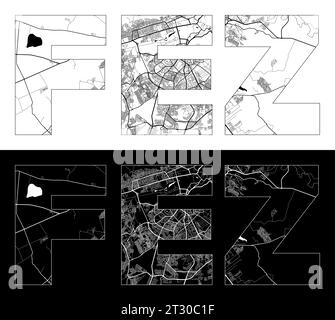 Fès City Name (Marokko, Afrika) mit schwarzweißem Stadtplan Illustrationsvektor Stock Vektor