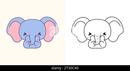Kawaii Baby Elephant Clipart mehrfarbig und schwarz-weiß. Niedliches Kawaii-Tier. Isolierte Vektor-Illustration eines Kawaii-Baby-Tieres für Drucke für Stock Vektor