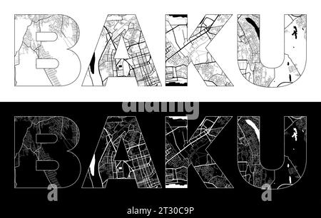 Baku City Name (Aserbaidschan, Asien) mit schwarzweißem Stadtplan Illustrationsvektor Stock Vektor