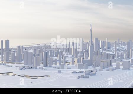 Blick aus der Vogelperspektive auf die Innenstadt von Dubai. Niedrige Poly-Miniaturstadt mit weißen Wolkenkratzern und dramatischer Beleuchtung. Megacity-Konzept und moderne Architektur. Stockfoto