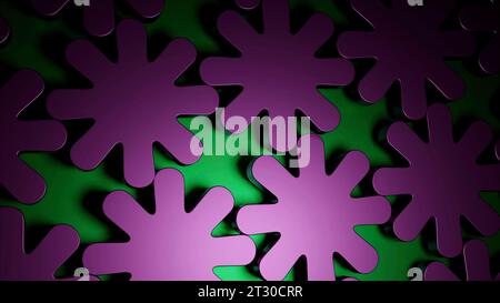 Lila Hintergrund mit rotierenden Blumenformen. Design. Kleine, in Abstraktion gefertigte Blüten, die sich im Kreis drehen. Stockfoto
