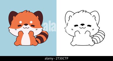 Kawaii Clipart Baby Red Panda Illustration und für Ausmalseite. Lustiges Kawaii-Baby-Tier. Niedliche Vektor-Illustration eines Kawaii Tieres für Aufkleber Stock Vektor