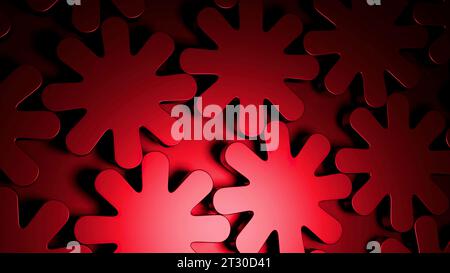 Roter und lila kontrastierender Hintergrund. Design. Metallteile, die sich in der Bewegungssimulation schnell in eine Richtung drehen. Stockfoto