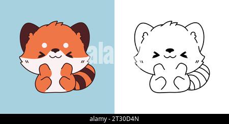 Legen Sie Vector Red Panda mehrfarbig und Schwarz und weiß fest. Kawaii Clip Art Baby Tier. Niedliche Vektor-Illustration eines Kawaii Tieres für Aufkleber, Baby Stock Vektor