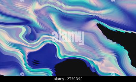 Bewegter Hintergrund mit einem Strom von Computerkräuseln. Bewegung. Bunte Flüssigkeitswelligkeit auf schwarzem Hintergrund. Glitcheffekt schnell bewegter Flüssigkeit Stockfoto