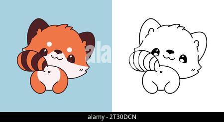 Legen Sie Clipart Red Panda Coloring Page und farbige Illustration fest. Kawaii Isoliertes Babytier. Niedliche Vektor-Illustration eines Kawaii Tieres für Aufkleber Stock Vektor