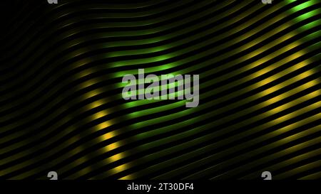3D-Kurve auf gestreiftem Hintergrund mit Linien. Design. Wunderschöner Glanz von Wellen auf gestreiftem seidenem Hintergrund. Metallischer Glanz seidiger Linienwellen Stockfoto