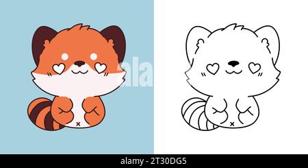 Clipart isoliert Red Panda mehrfarbig und schwarz-weiß. Niedliches Zeichentricktier. Niedliche Vektor-Illustration eines Kawaii Tieres für Drucke für Stock Vektor