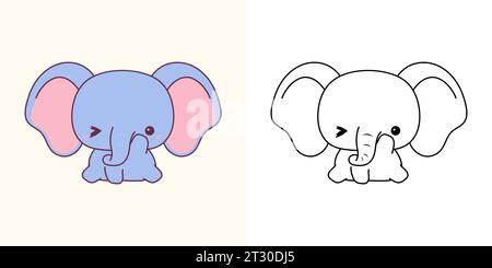 Vektor Baby Elefant mehrfarbig und schwarz und weiß. Wunderschönes Clip Art Tier. Cartoon Vektor Illustration von Kawaii Baby Tier für Aufkleber Stock Vektor
