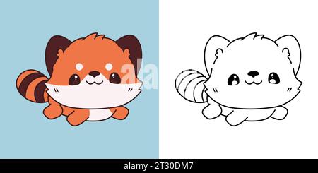 Clipart Red Panda mehrfarbig und Schwarz und weiß. Niedliche Clip-Art Baby Tier. Niedliche Vektor-Illustration eines Kawaii Tieres für Aufkleber, Babydusche Stock Vektor