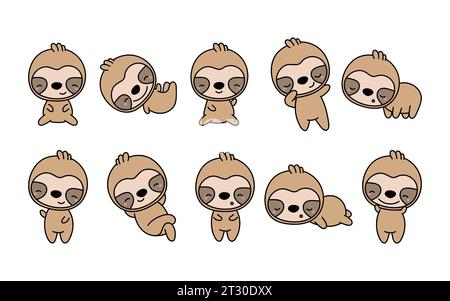 Set von Cartoon isolierter Sloth. Set aus niedlichem Kawaii Sloth im lustigen Cartoon-Stil. Sammlung von niedlichen Vektor-Tier-Illustrationen für Aufkleber, Baby Stock Vektor