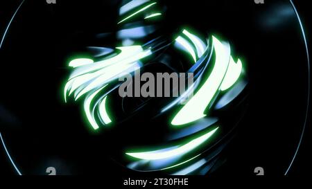 Beweglicher abstrakter Ball mit leuchtenden Linien und metallischer Textur. Design. Futuristischer Ball dreht sich mit Metallkurven und Neonlinien. Abstrakter 3D-Ball Stockfoto