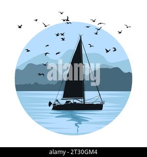 Segelboot und Meereslandschaft auf dem Kreis.Seeufer mit Bergen und Yacht Silhouette.Boot Segeln im Fluss oder See an der Küste.Schiff,Hügel und Küste.Vektor Stock Vektor