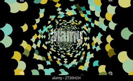 Ein schwarzer Tunnel mit hellen Dekorationen. Design. Bunte Ornamente auf einem schwarzen Portal aus Computergrafik. Stockfoto
