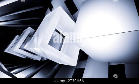 Ein dunkler Tunnel mit beweglichen Quadraten. Design. Blaue und graue dreidimensionale geometrische Formen bewegen sich langsam im 3D-Format durch ein dunkles Portal. Stockfoto