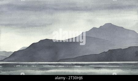 Dunkle Landschaft in Aquarellen mit Inseln im Wasser. Silhouette der Berge. Blau, Indigo, Grau. Gemälde für Poster, Banner, Buch. Stockfoto