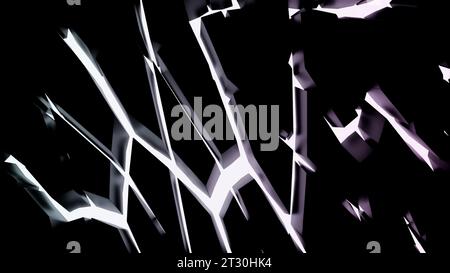 Helle weiße Muster, die sich in verschiedene Richtungen auseinander bewegen. Design. Ein schwarzer Hintergrund, aus dem Licht von geometrischen Formen kommt Stockfoto