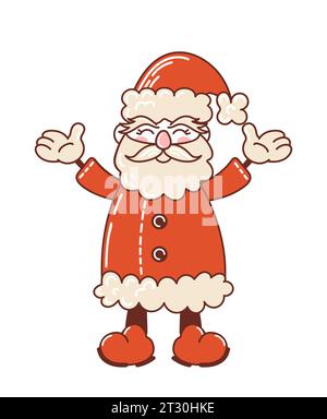 Lustiger Weihnachtsmann mit erhobenen Händen lächelnd. Niedliche Weihnachtsfiguren im Retro-Cartoon-Stil. Für Aufkleber, Poster, Karten, Designelemente. Stock Vektor