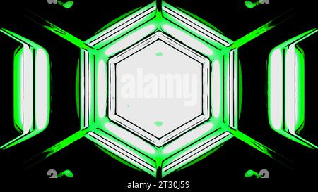 Schwarzer Hintergrund mit grüner und violetter Hintergrundbeleuchtung. Design. Helle Animation, die sich in verschiedene Richtungen mit heller Beleuchtung bewegt. Stockfoto