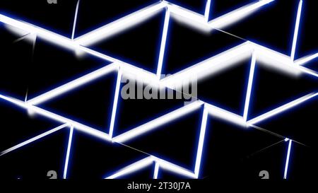 Helle weiße Muster, die sich in verschiedene Richtungen auseinander bewegen. Design. Ein schwarzer Hintergrund, aus dem Licht von geometrischen Formen kommt Stockfoto