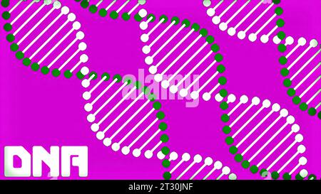 Violetter und grüner Hintergrund mit dna-Schema. Design. Ein heller Hintergrund mit dna-Molekülen, die sich in Computerabstraktion drehen. Stockfoto