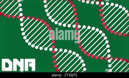 Violetter und grüner Hintergrund mit dna-Schema. Design. Ein heller Hintergrund mit dna-Molekülen, die sich in Computerabstraktion drehen. Stockfoto