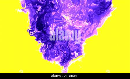 Lila und türkisfarbener Rauch. Bewegung. Gelber und rosafarbener Hintergrund mit hellem irisierenden Rauch im 3D-Format. Stockfoto