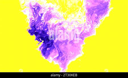 Lila und türkisfarbener Rauch. Bewegung. Gelber und rosafarbener Hintergrund mit hellem irisierenden Rauch im 3D-Format. Stockfoto