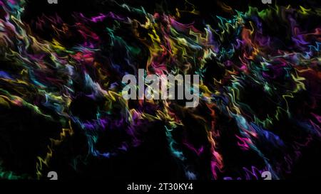 Schwarzer Hintergrund mit hellen Neonflecken. Motion.Glossy Spots, die im 3D-Format erstellt wurden, bewegen sich und fließen. Stockfoto