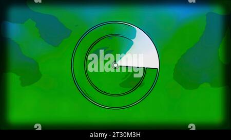 Grüner und rosafarbener Hintergrund. Bewegung. Kleine Kreise, auf denen zwei beleuchtete Strahlen im 3D-Format laufen. Stockfoto