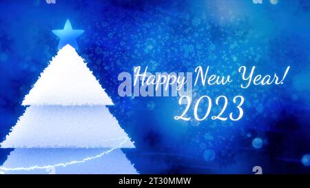 Blaue und grüne Weihnachtskarte mit einem Weihnachtsbaum. Bewegung. Herzlichen Glückwunsch zum neuen Jahr 2023 Made in Computer Graphics. Stockfoto