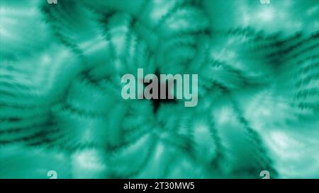 Grüner und türkisfarbener Tunnel. Bewegung. Ein heller Tunnel in Form einer Blume aus Computergrafik. Stockfoto