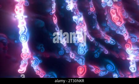 Helle Benzinflecken auf einem violetten und grünen Hintergrund. Bewegung. Computergrafik mit hellen, sich bewegenden Stellen. Stockfoto