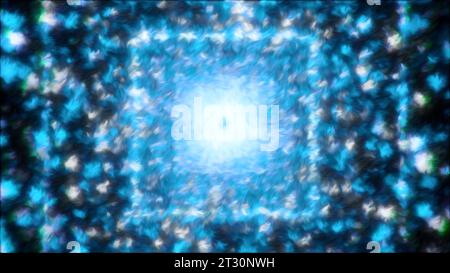 Blaue quadratische Rahmen, die einen Tunnel erzeugen. Bewegung. Ein dunkler Korridor mit einem hellen Glanz in Computergrafik. Stockfoto