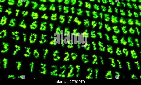 Grüne und blaue Zahlen mit Hintergrundbeleuchtung in der Animation. Bewegung. Ein schwarzer Hintergrund, auf dem ein langer Code gewöhnlicher Zahlen geschrieben ist. Stockfoto