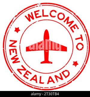 Grunge rot Willkommen in neuseeland mit Flugzeugsymbol rundem Gummisiegelstempel auf weißem Hintergrund Stock Vektor