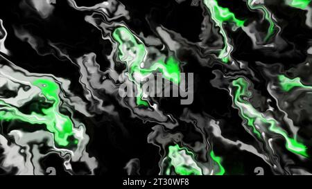 Grüne und gelbe Flecken verschütteter Farbe. Bewegung. Dunkler Hintergrund mit hellen, glitzernden Mustern in Computergrafiken. Stockfoto