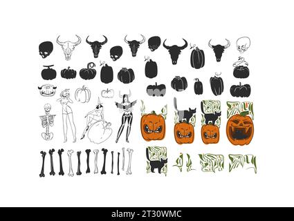 Hand gezeichneter Vektor abstrakte grafische Linie Kunst und Silhouette Halloween großer Satz von gruseligen Charakteren, Kürbisse, Schädel und Knochen isoliert. Halloween-Umriss Stock Vektor